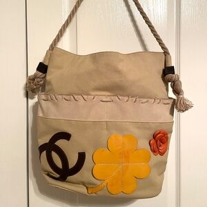 Authentic Chanel Fishnet Rope Coco Mark Camellia Tote Canvas Leather Beige